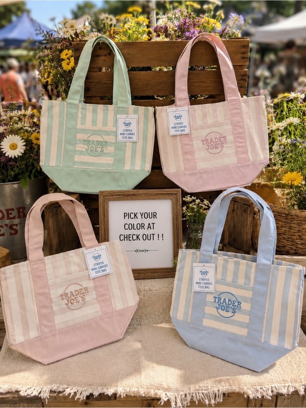 Trader Joe's Pastel Striped Canvas Tote Bag - Set of 4 - Picture 2 of 2